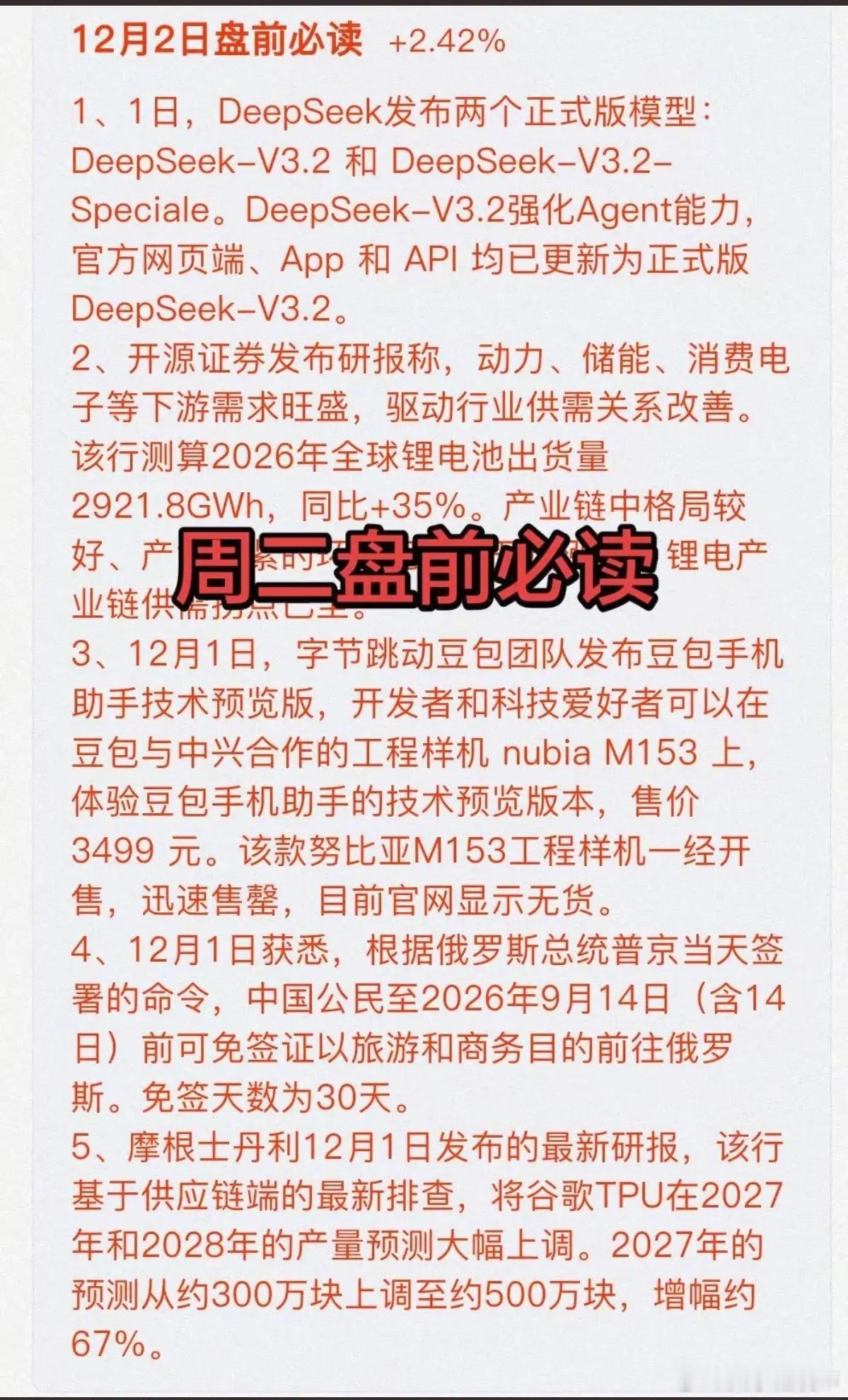 12月2日周二  盘前财经必读！1、1日，DeepSeek发布两个正式版模型: 