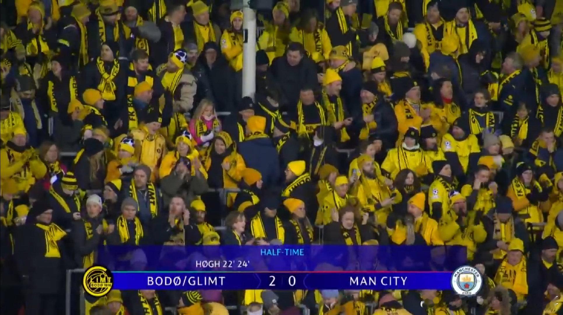 半场结束，博德闪耀暂2-0领先曼城大伙如何评价上半场比赛 博德闪耀vs曼城 欧冠