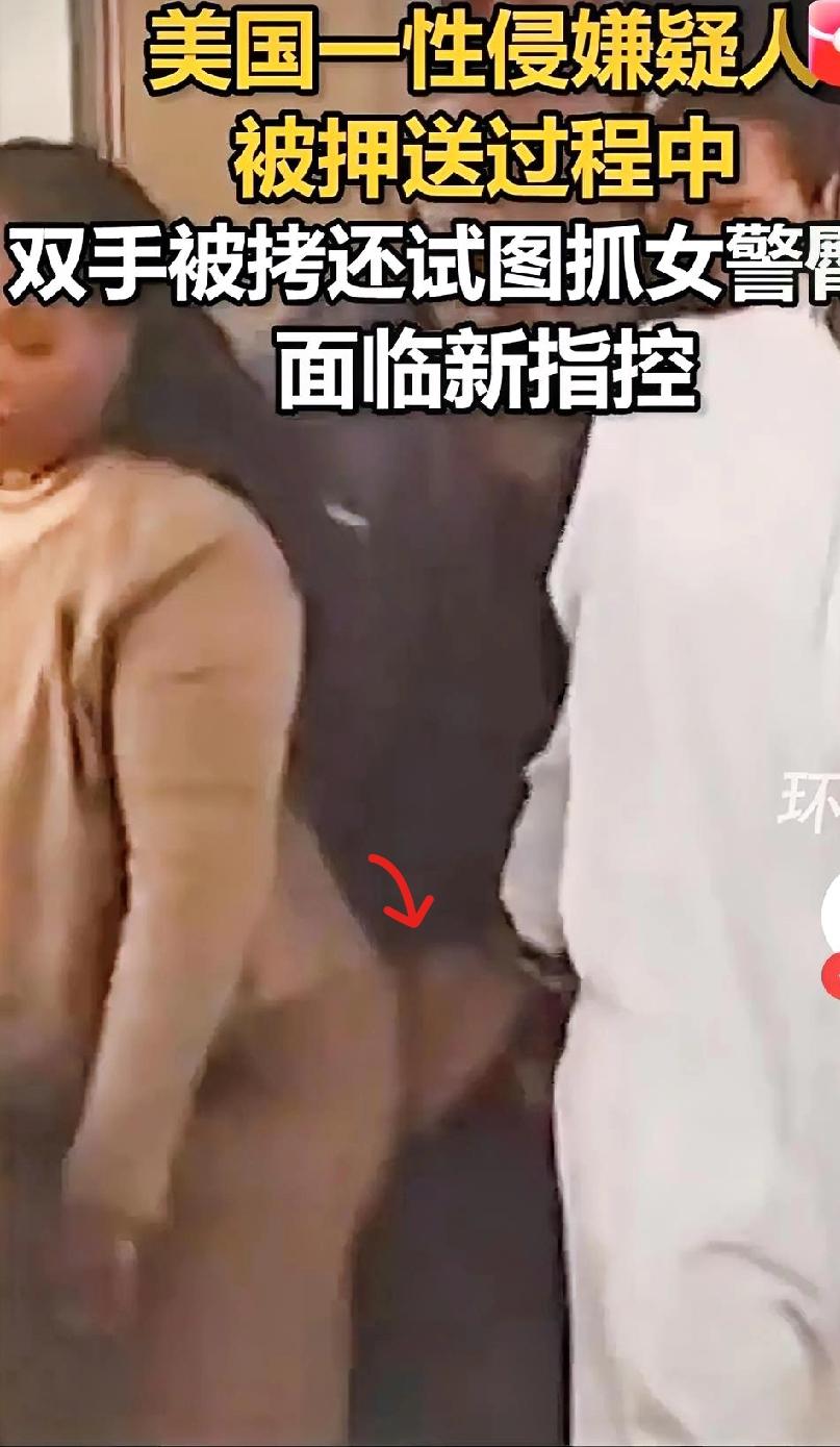 离谱双手被拷还要捞一把！
美国一性侵嫌疑人被押送过程中，双手被拷还试图抓女警臀部