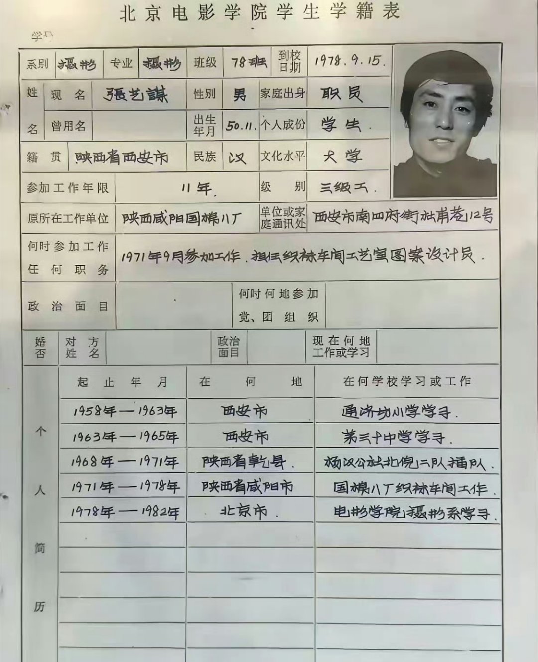 1978年，张艺谋填的学籍表。字写得真漂亮，难怪能成大导演。