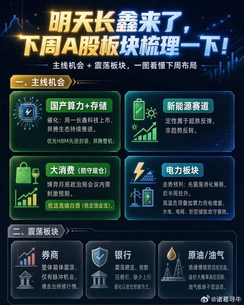 明天长鑫来了,下周A股板块梳理一下！一、主线机会1、国产算力+存储 催化：周一长