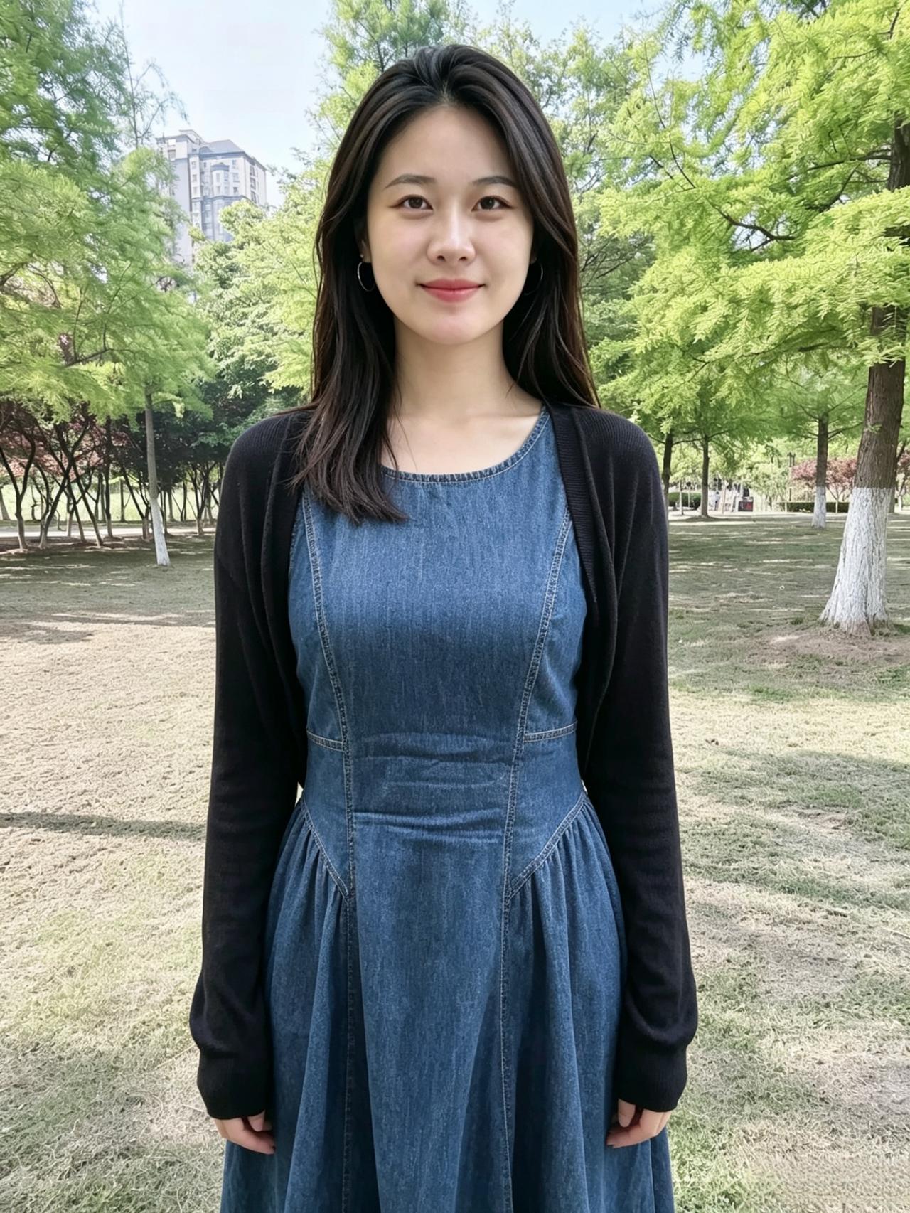 郊园新树绿，裙染牛仔蓝。
开衫添暖意，一笑惹春酣。