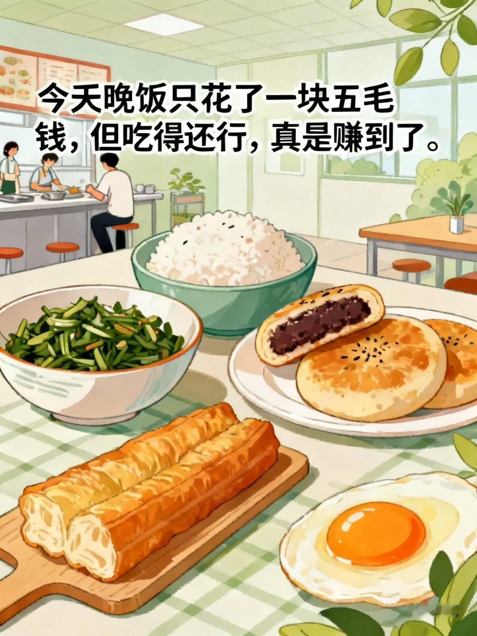 今天晚饭只花了一块五毛钱，不过吃得还不错，真算是赚到了。有半个马齿苋馅的盒子、一