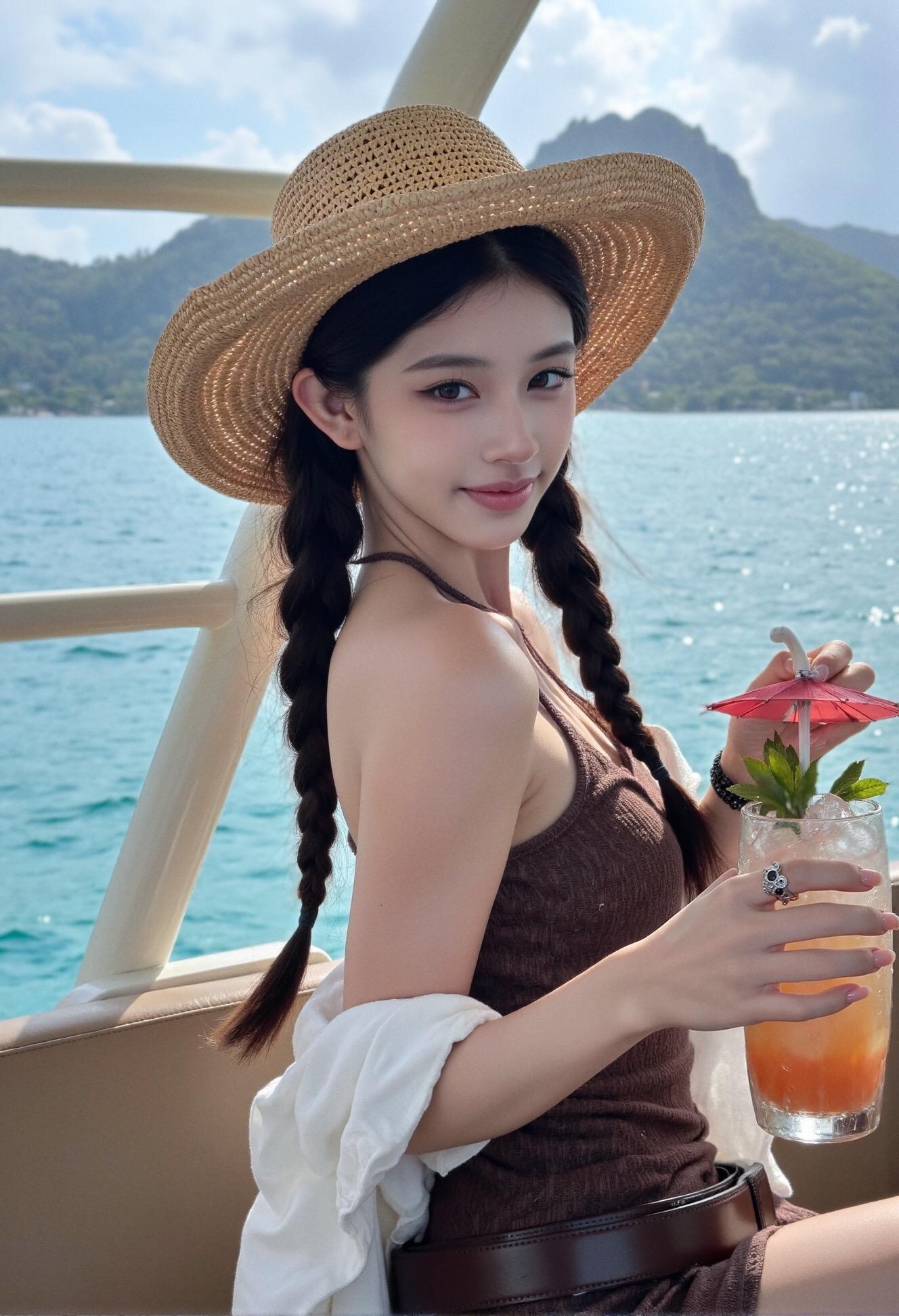 甜美度假look 甜美小仙女穿搭度假穿搭 咖色海边吊带 AI写真