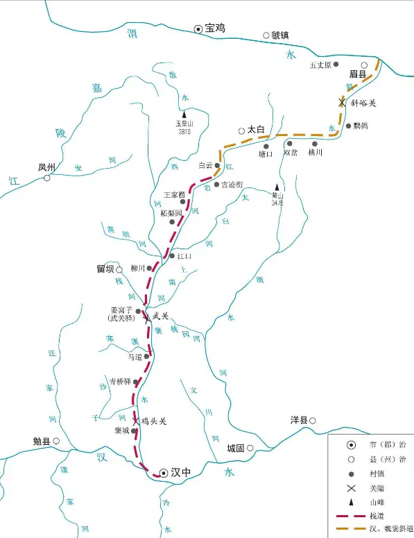 褒斜古道：是中国历史上开凿最早的古蜀道。在秦岭山脉，有一条贯穿南北的山谷，南面的汉水支流褒河，与北面的渭水支流斜水，在山脊上形成连接，故名褒斜谷。而沿着河谷而成的山路和栈道，则是著名的“褒斜道”。
褒斜道全长249公里，是中国历史上开凿最早、规模最大、沿用时间也最长的古蜀道，号称“蜀道之冠”。栈道始于战国范睢相秦时，曾是八百里秦川通天府之国的要道，把以长安、洛阳为中心的中原王朝腹地与沃野千里的天府之国连成一体。