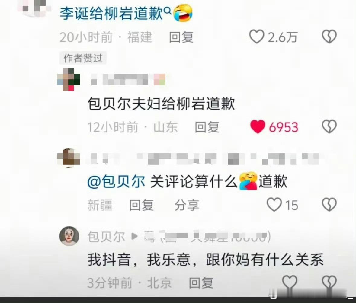 网友让包贝尔给柳岩道歉 、另一个网友说包贝尔关评论算什么，结果包贝尔开始怼网友[