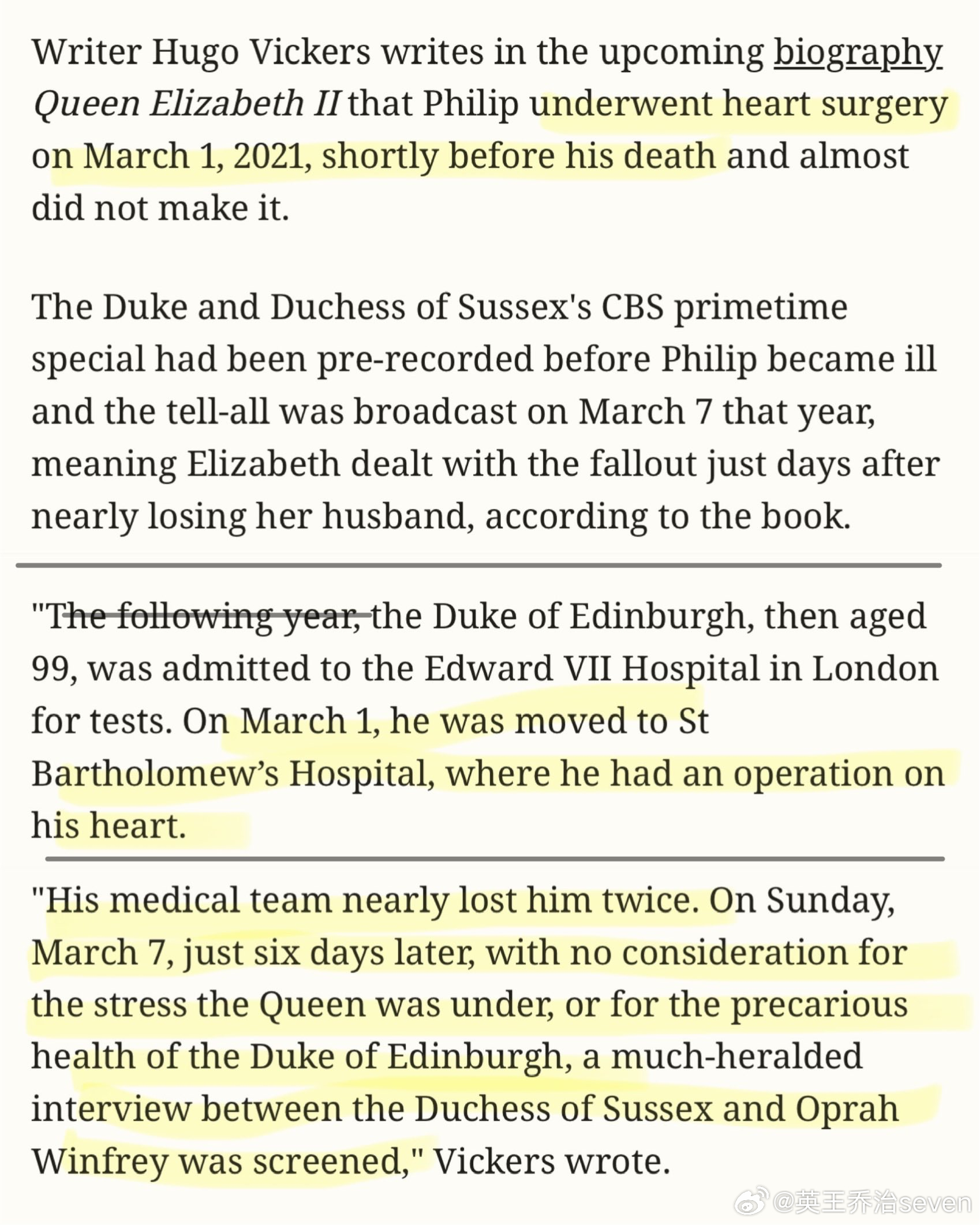 【揭皮二哈】菲利普亲王在哈梅的爆炸性奥普拉采访播出前仅六天接受了心脏手术。两个催