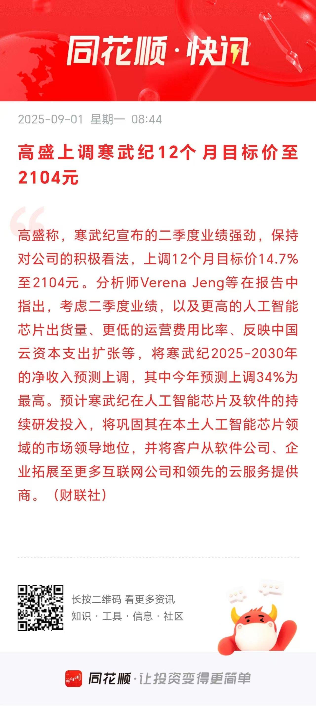 高盛再次上调寒武纪12个月目标价至2104元。
        看来，高盛是觉得