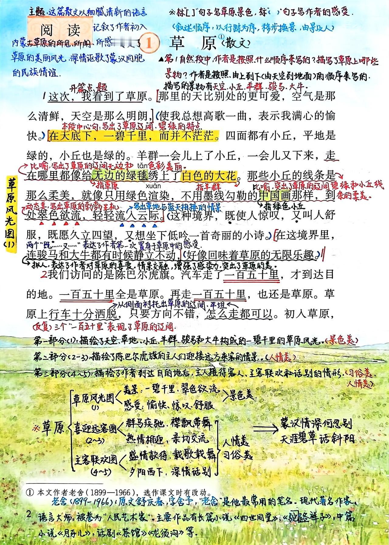 六年级上册语文，第一单元第1课《草原》课堂学习笔记，收藏预习~