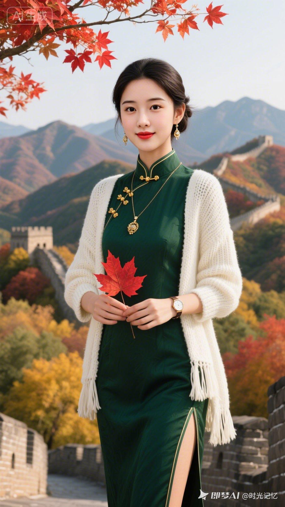 秋日长城下，红叶与美人相伴，古风与现代交融。