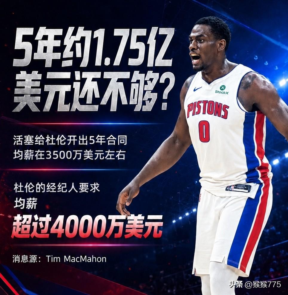 名记：活塞给5年合同&约3500万均薪报价 杜伦经纪人要4000万+均薪
官方：