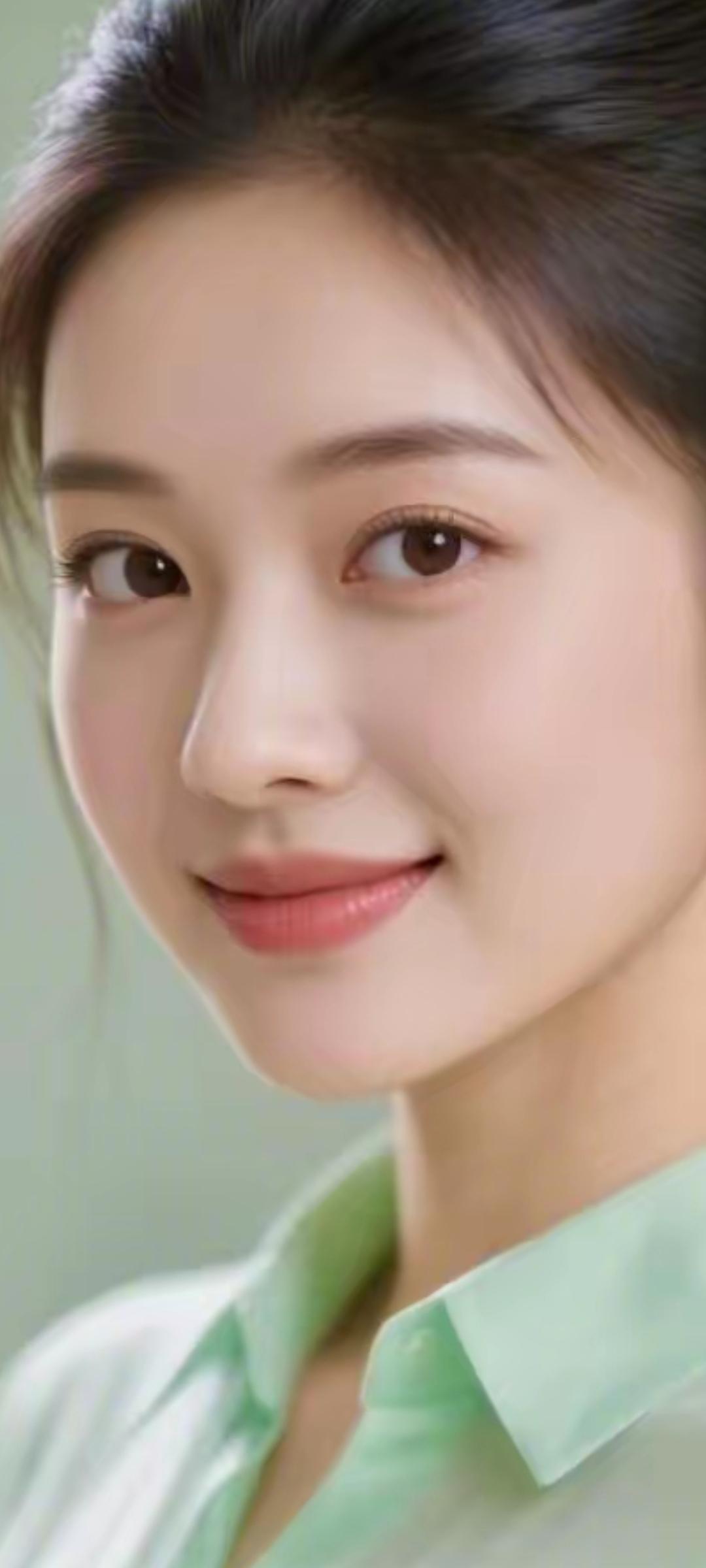 温柔甜美的微笑，清新自然的妆容，浅绿色衬衫，元气满满的一天！🌸💕