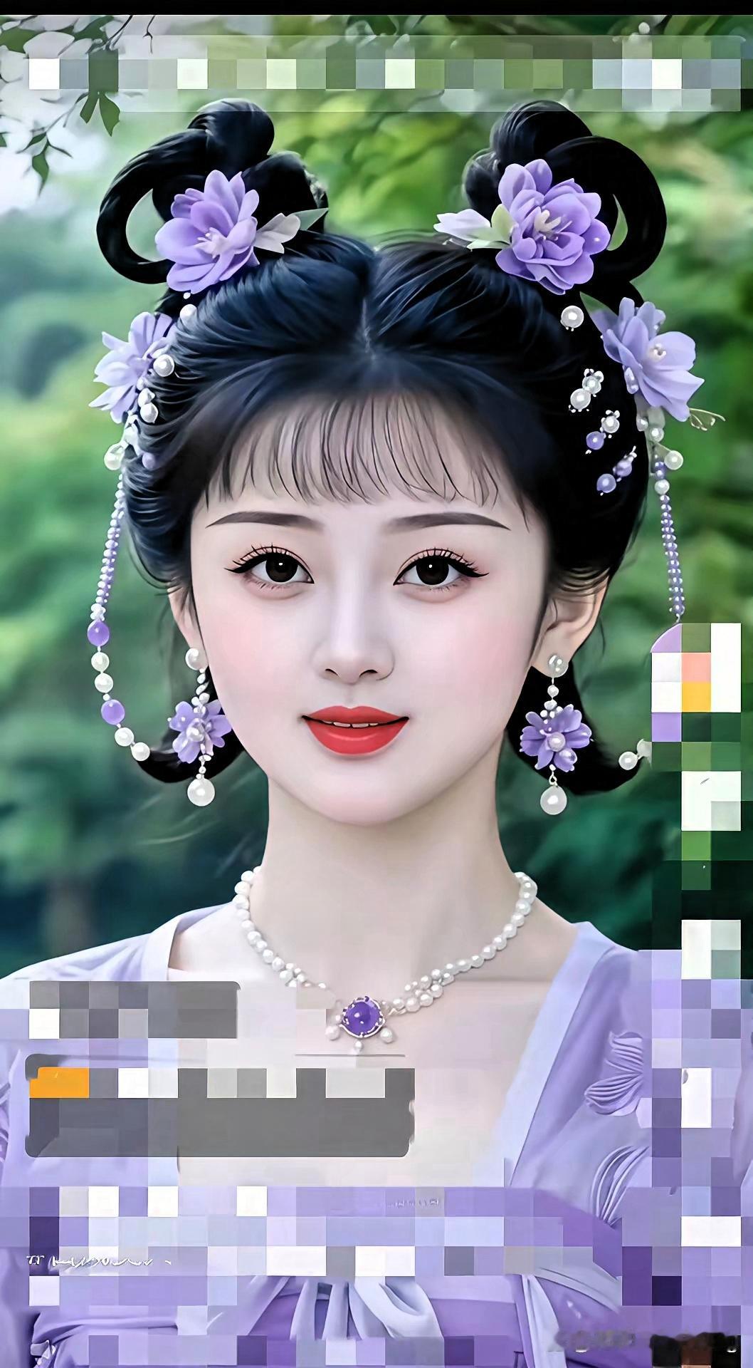这位美女装扮精致，像是从古画里走出来的一样。