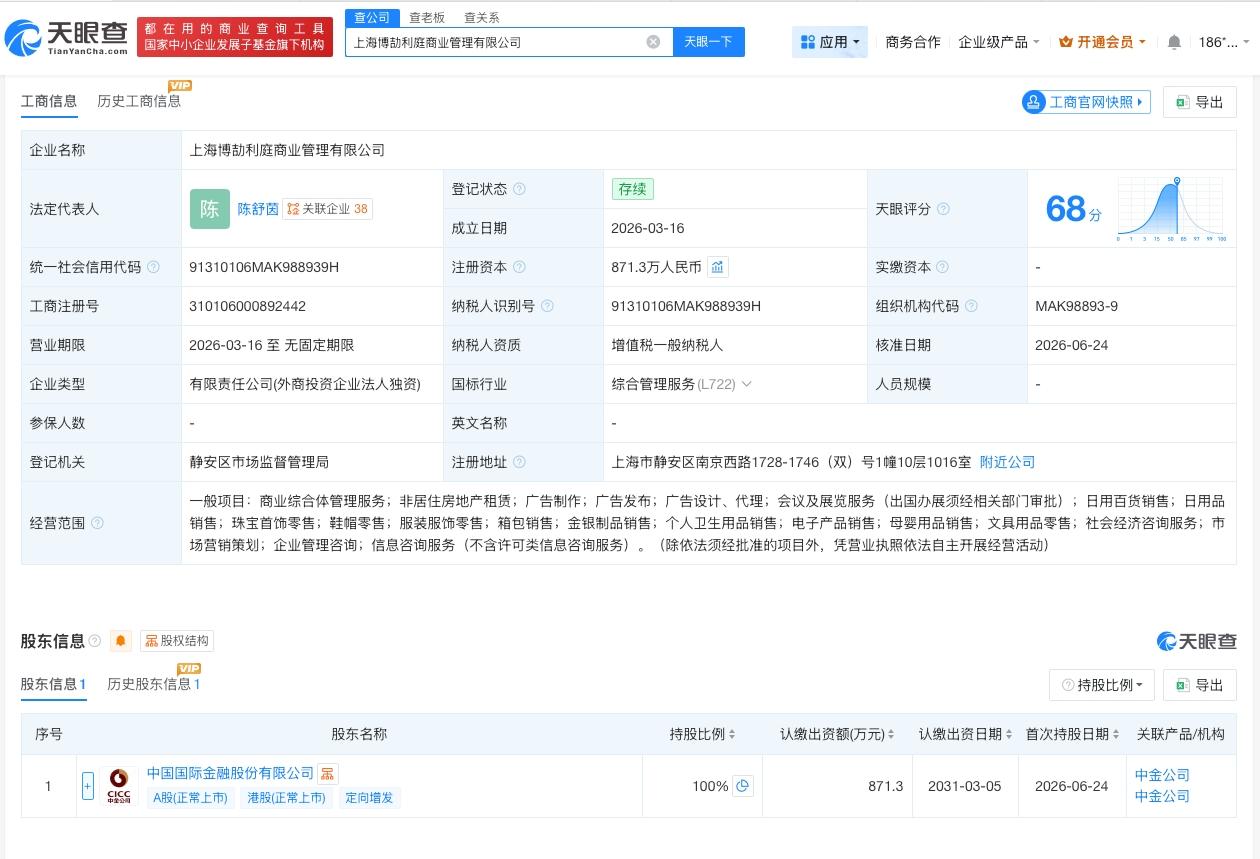 中金公司接手一商业管理公司

天眼查App显示，近日，上海博劼利庭商业管理有限公