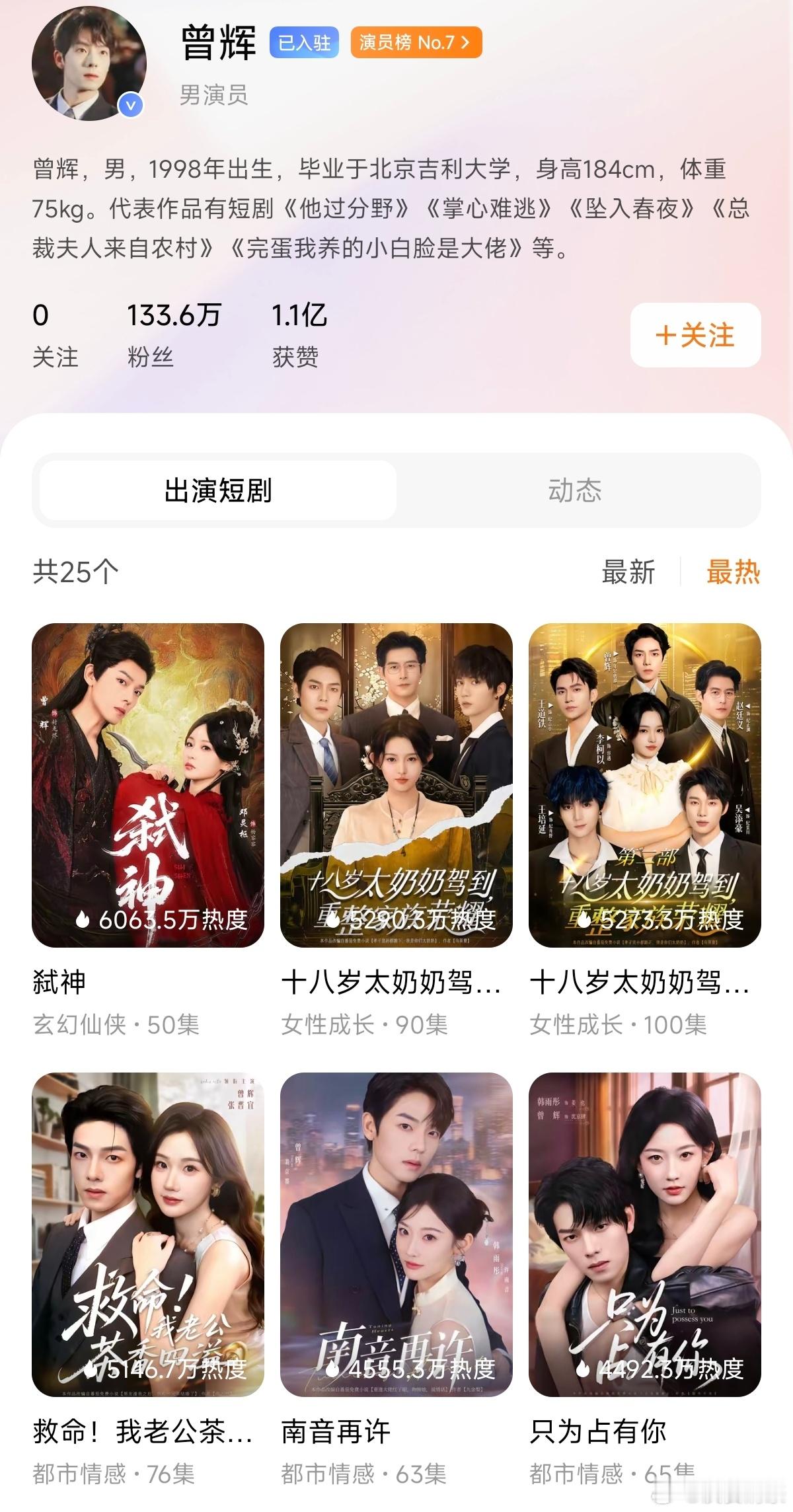 曾辉演员榜7（红果男演员第3） ​​​