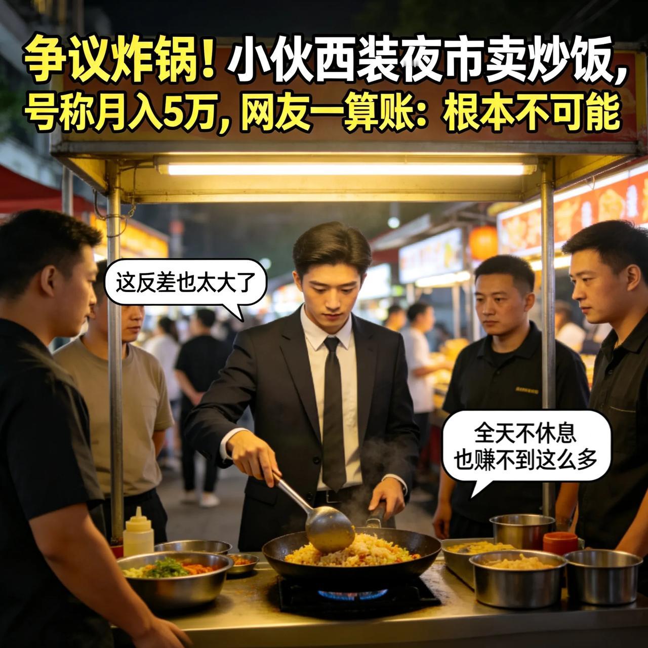 争议炸锅！小伙西装夜市卖炒饭，号称月入5万，网友一算账：根本不可能
 
身边工友