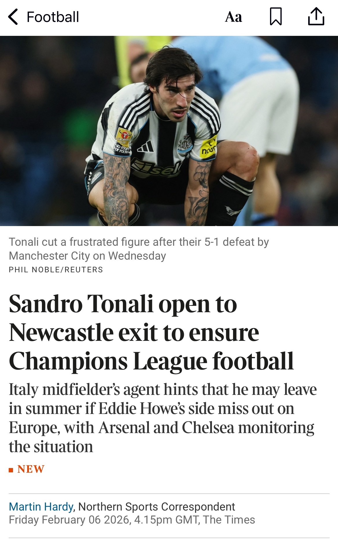 泰晤士报：托纳利对离开纽卡斯尔持开放态度桑德罗·托纳利的经纪人透露，这位球员正在