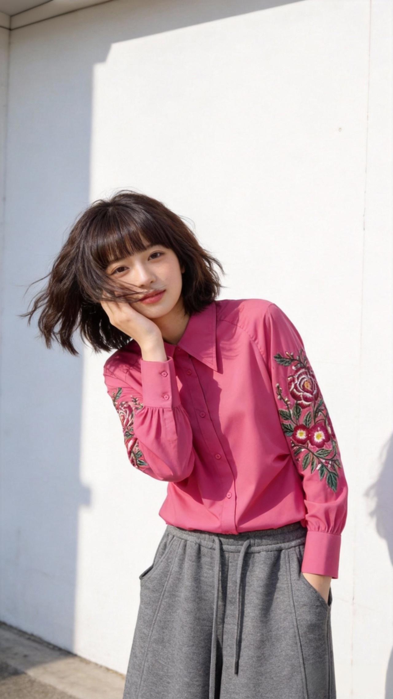 粉色刺绣衬衫配灰色长裤，这搭配简直甜到我心巴上！想象一下，樱花粉的衬衫提亮了灰色