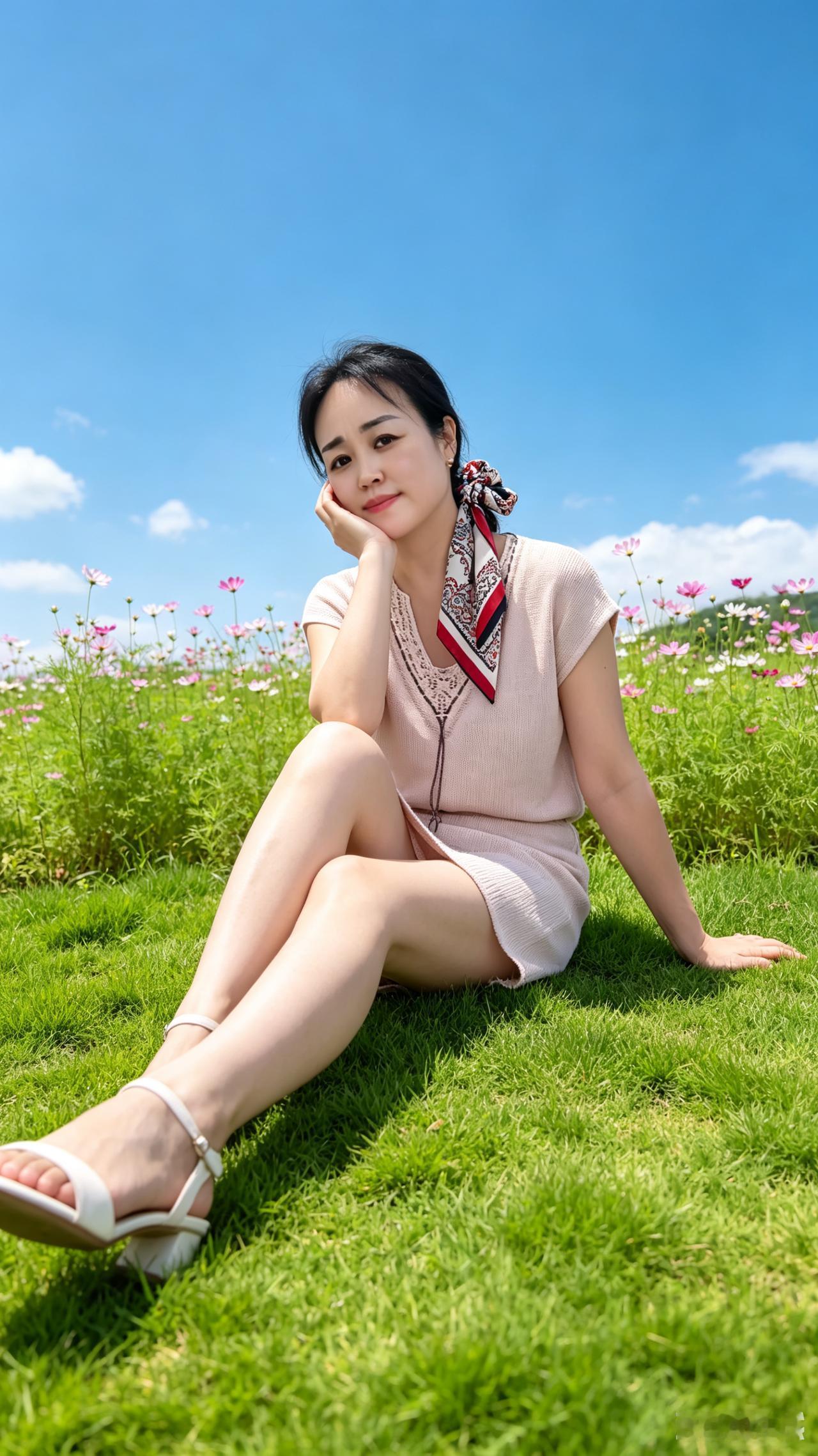 春日芳姿
晴郊碧草映云悠，格桑丛畔立娇柔。
素衫温婉含清韵，彩巾束发映眉秀。
斜