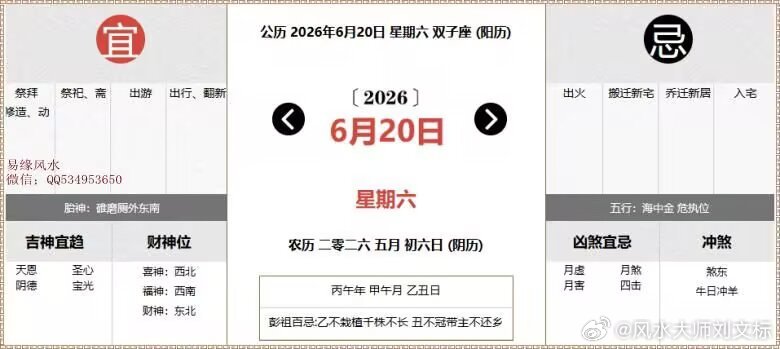 每日通胜：2026年6月20日黄历公历：2026年6月20日 星期六农历：二零二
