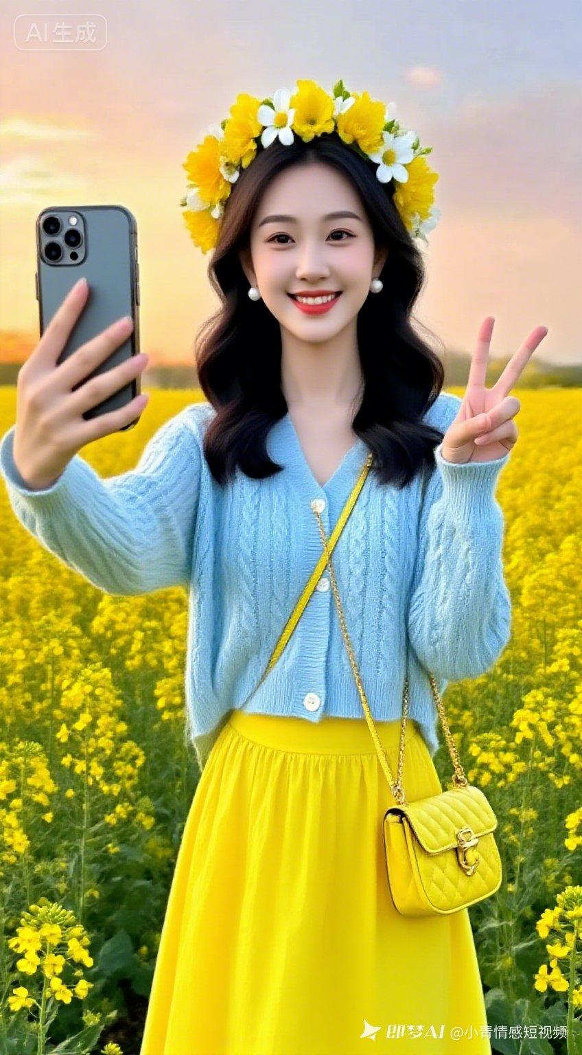 花海中自拍，笑容甜美，心情好。