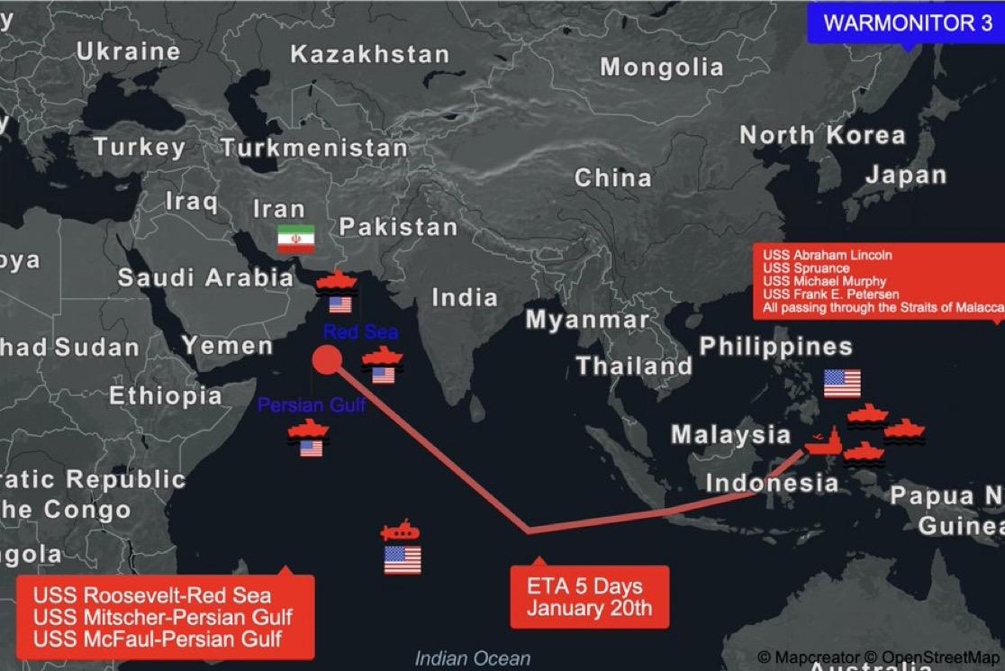 美国在伊朗周边的海军打击能力地图：
CENTCOM AREA-3导弹驱逐舰和一艘