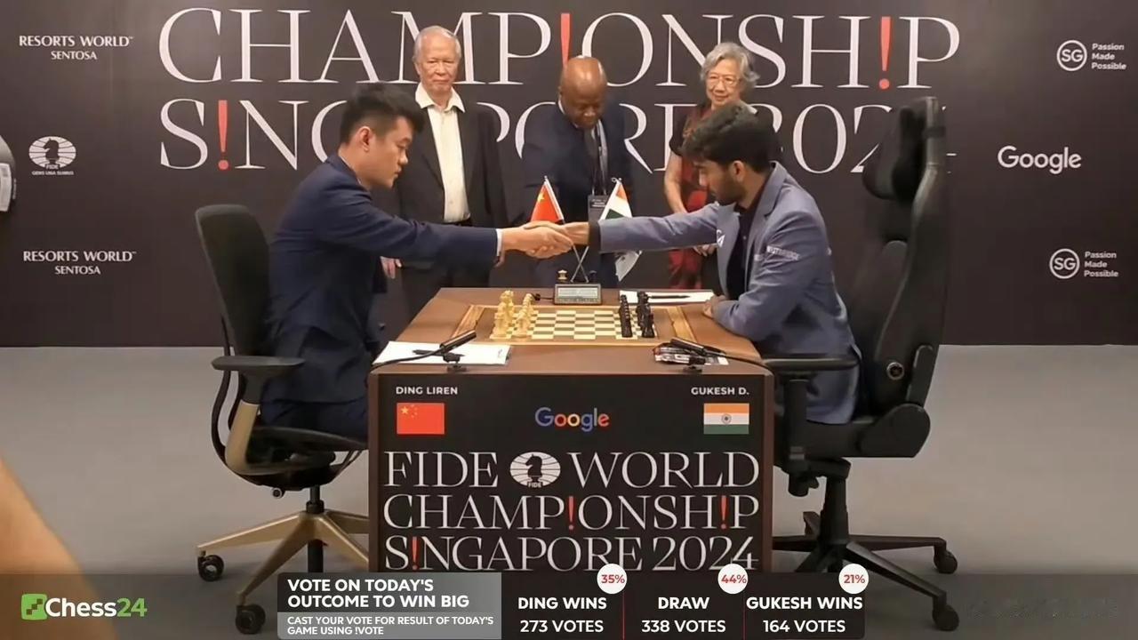 2024国际象棋世界冠军赛第2局 ，卫冕冠丁立人，先手弈和挑战者古克什，两局战罢