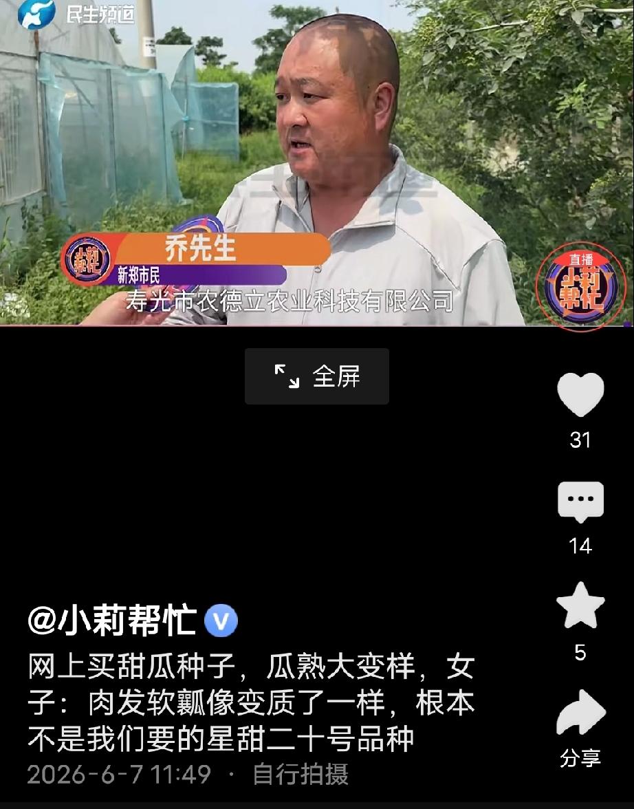 河南新郑，男子在网上购买“星甜二十号”瓜苗，对方承诺：这种瓜不仅皮薄肉脆、糖度也