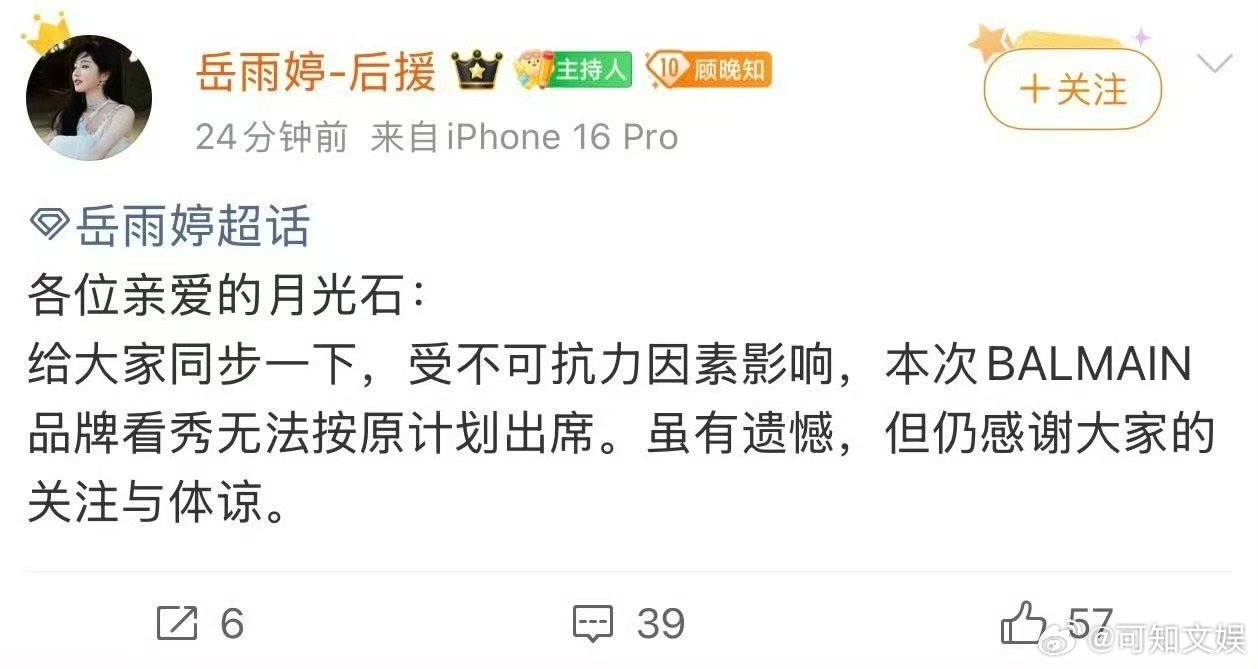 岳雨婷受不可抗力因素缺席看秀岳雨婷将缺席看秀岳雨婷受不可抗力因素，缺席看秀， 