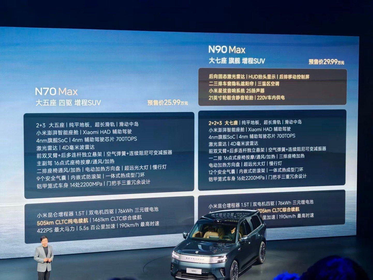 N70 Max 预售价 25.99 万N90 Max 预售价 29.99 万小米