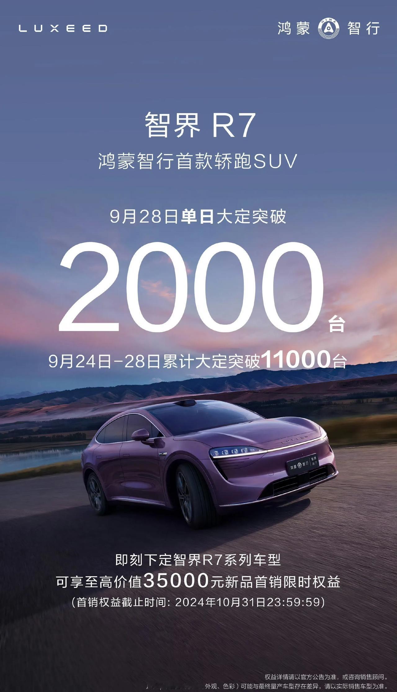 智驾R7又支楞起来
今天一天的订单量超过2000台
照这样的速度一个月超3000
