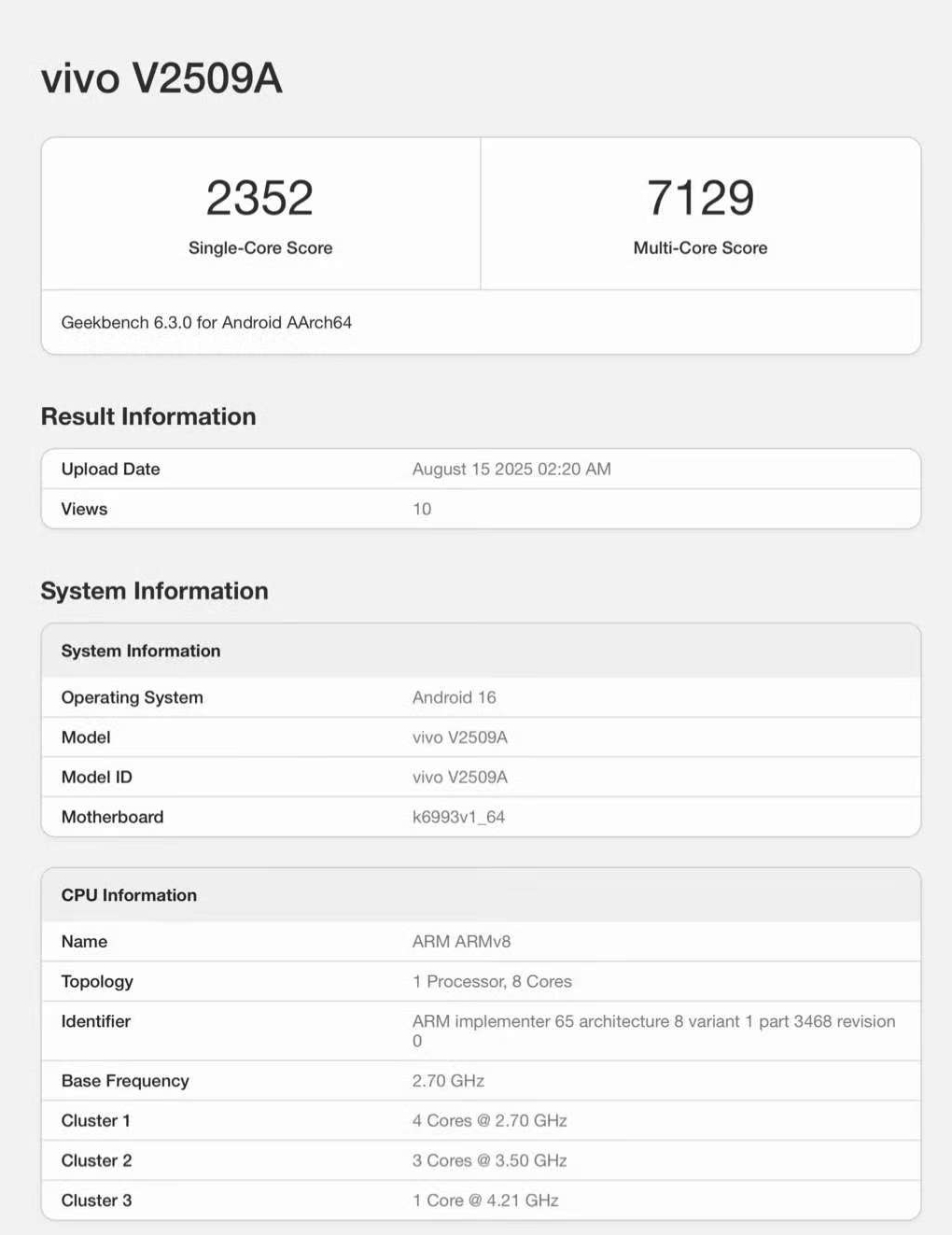 疑似 vivo X300 跑分曝光，搭载天玑9500处理器，单核 2352 分，