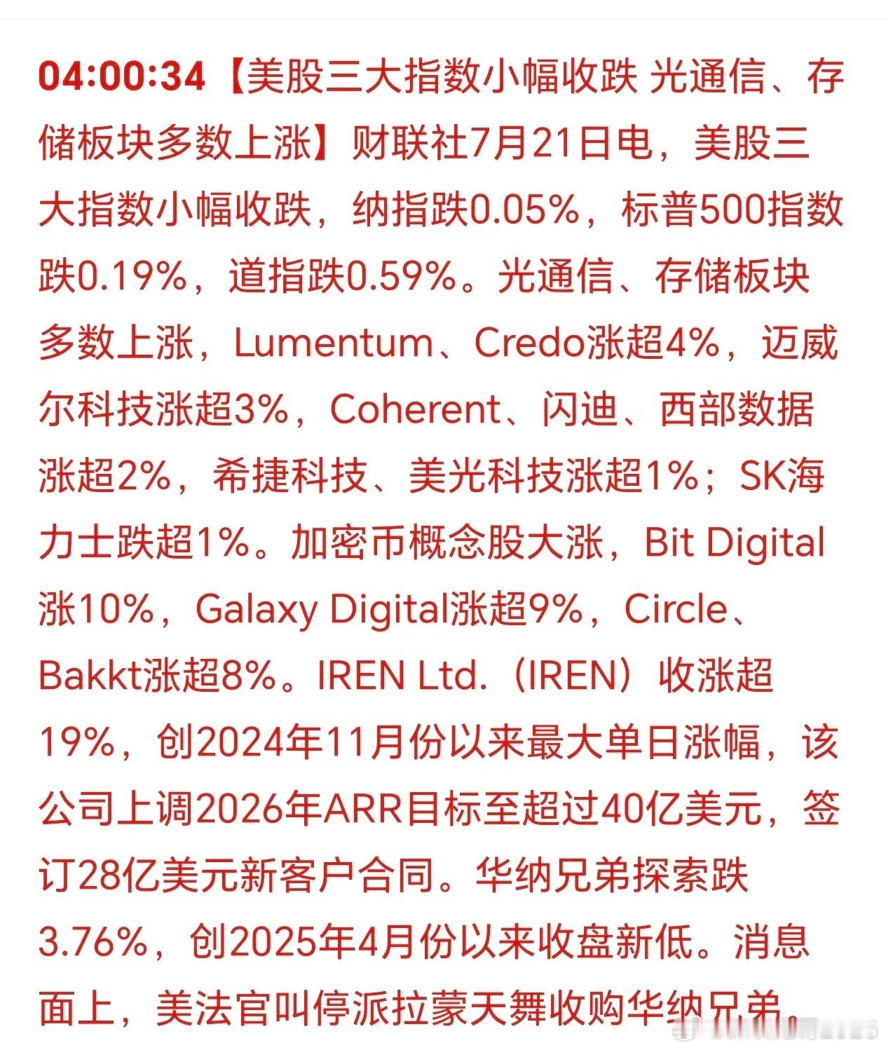 美国三大股指集体小跌！加密货币再次大涨，这是避险去了吗？光通信和存储小幅反弹，会