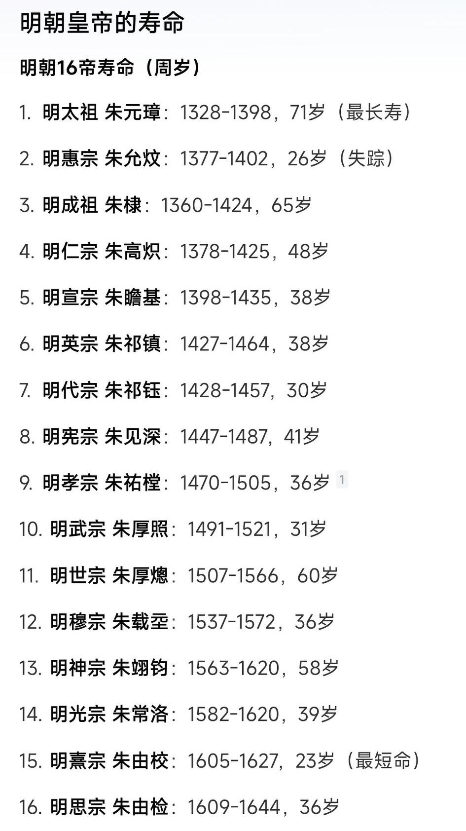 看到明朝皇帝的寿命，从明仁宗朱高炽之后，连续六代短命，其中五位没活过40岁。
相