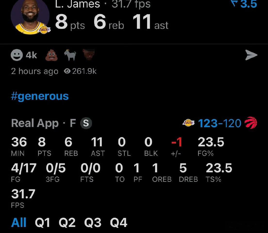 一千多万里弗斯21次出手44分，五千万詹姆斯17次出手8分湖人vs猛龙