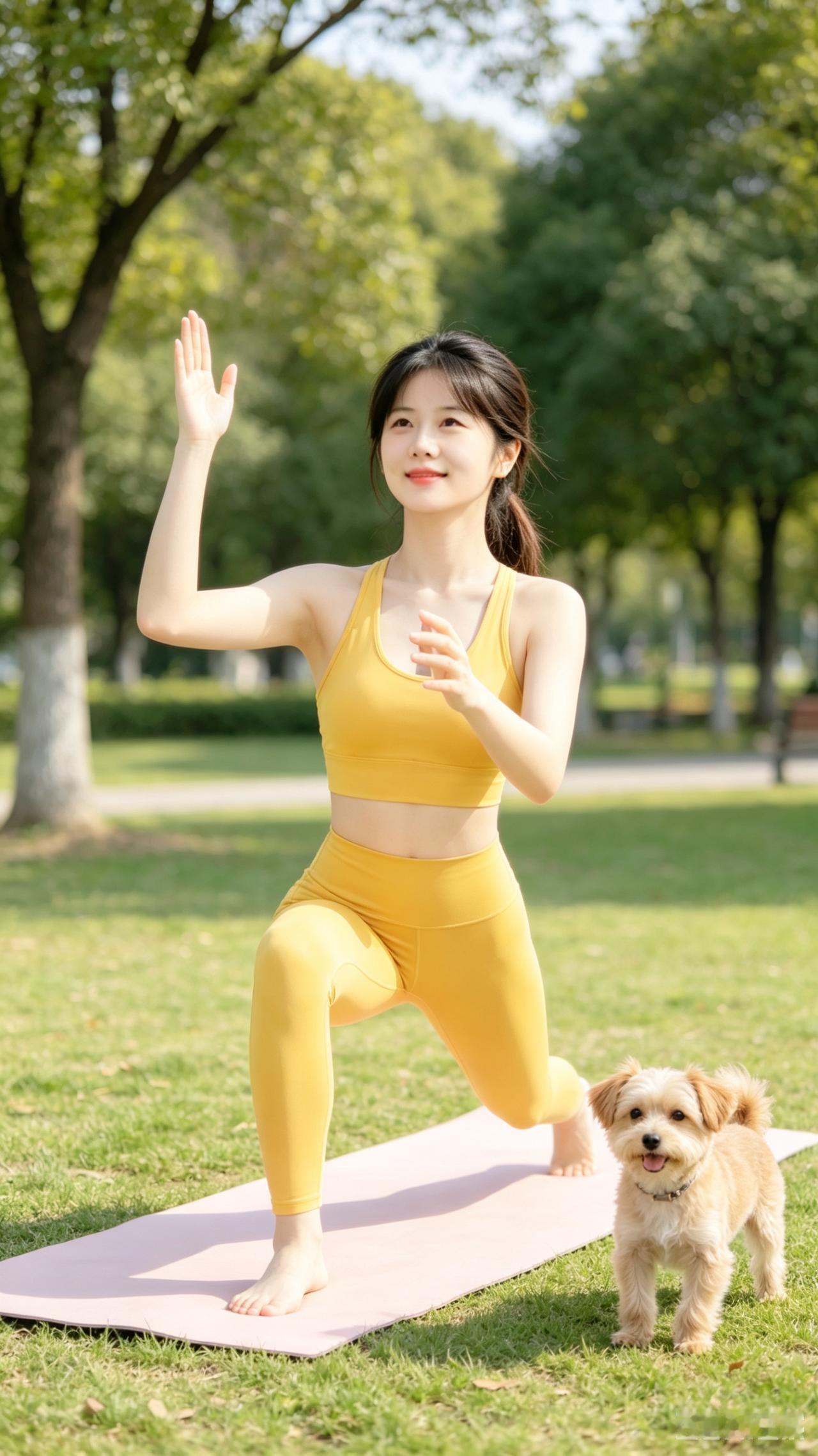 《公园美姿》
公园晨晖耀，娇娥练瑜伽。
黄衫衬秀影，玉体展柔嘉。
身畔犬儿伴，地