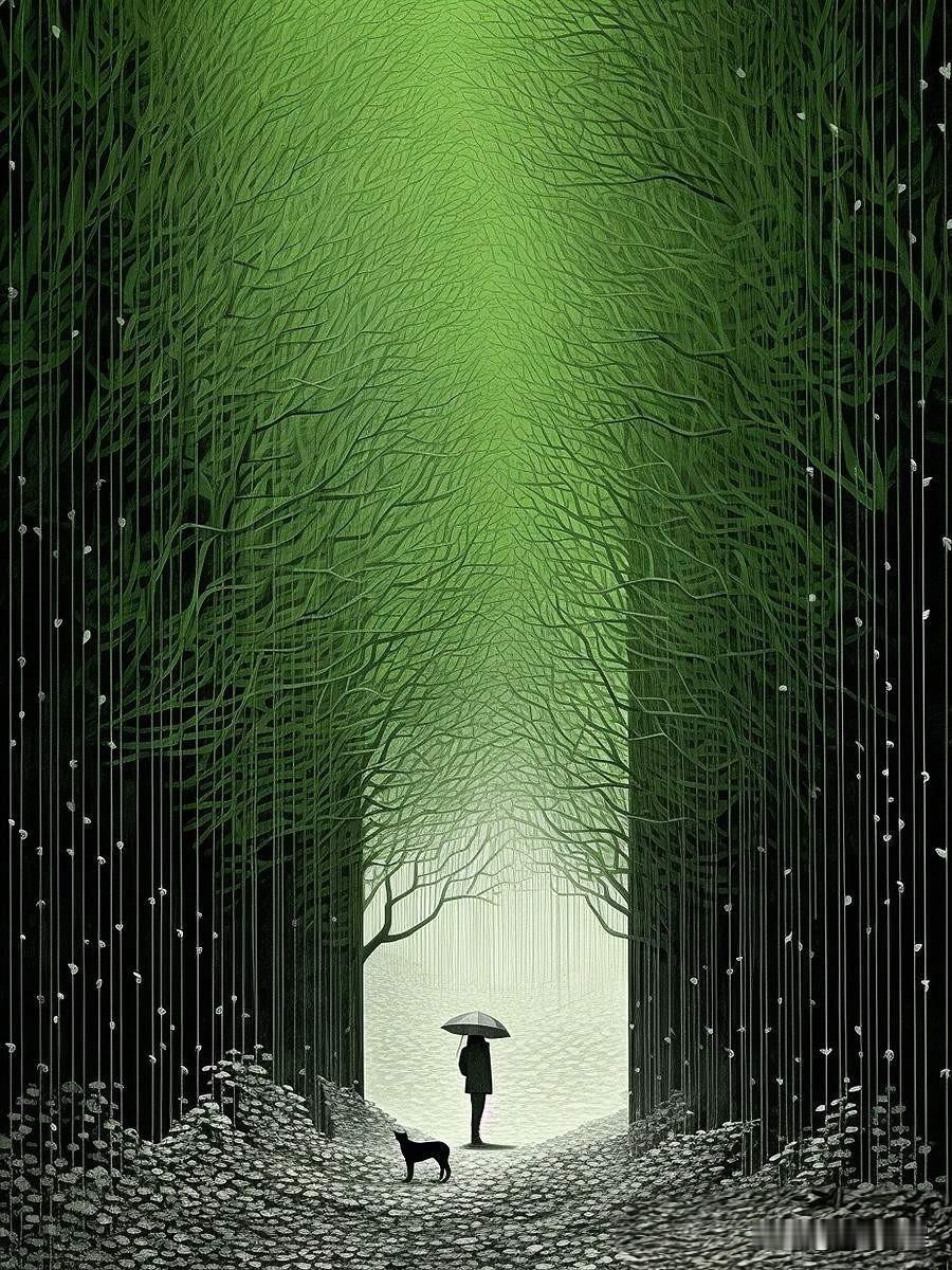 一个人在雨中撑伞散步，猫陪伴着。光与景的结合，拍出这样的照片，真是奇迹。