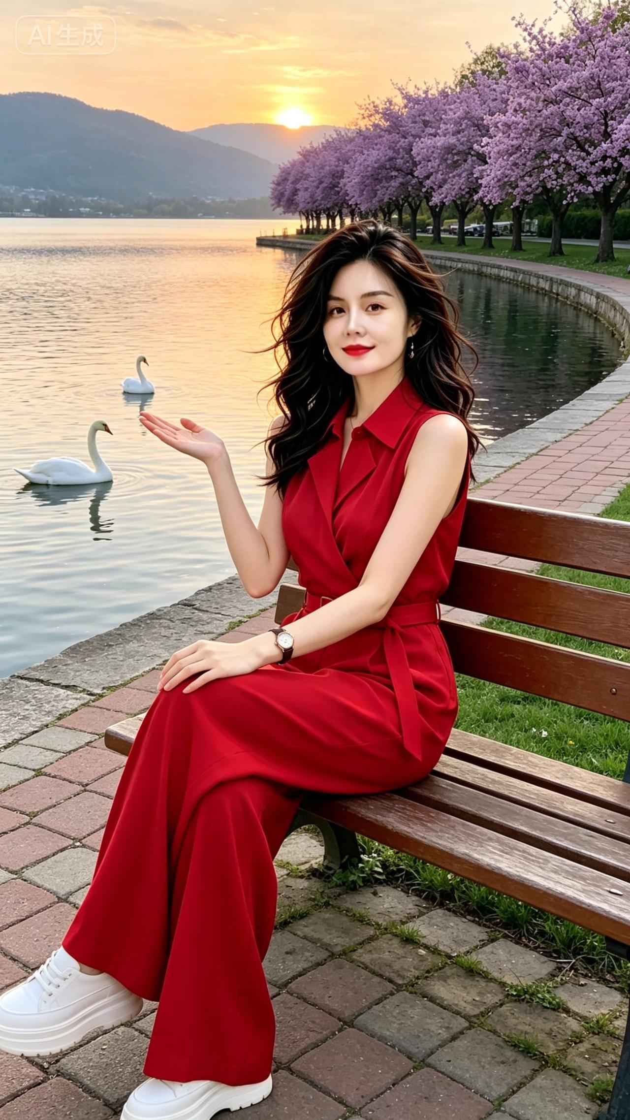 高级感外景 湖边红衣美人