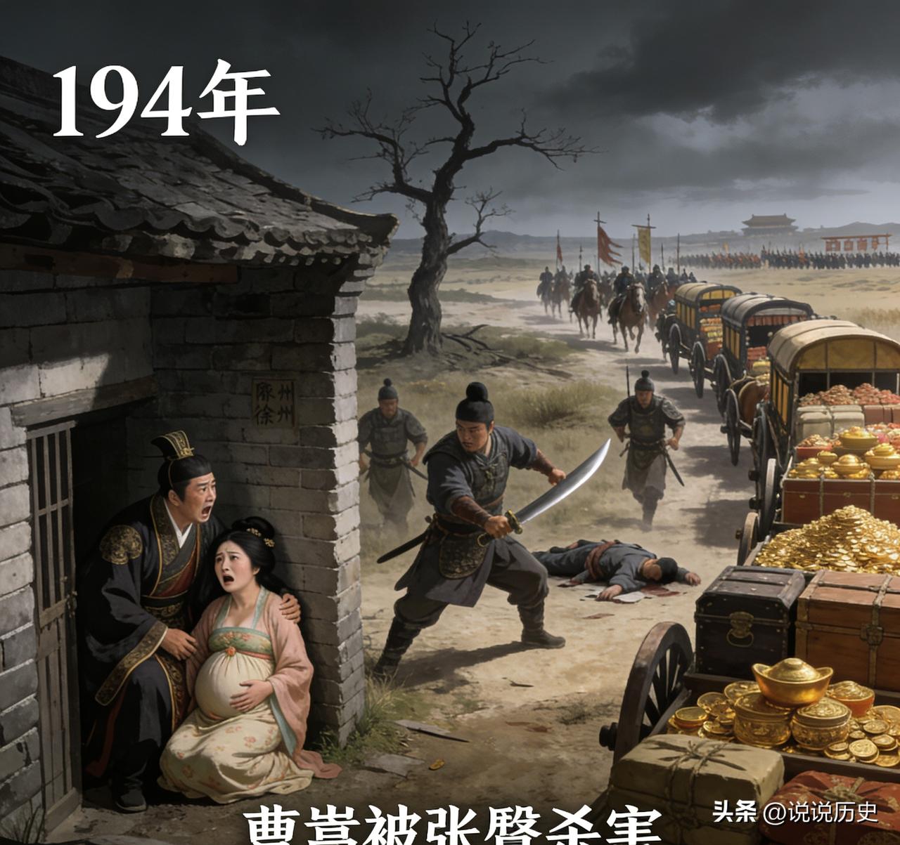 194年，曹操的父亲曹嵩被陶谦部下张闿杀害，临死前曹嵩求饶：“我儿是曹操，你想要