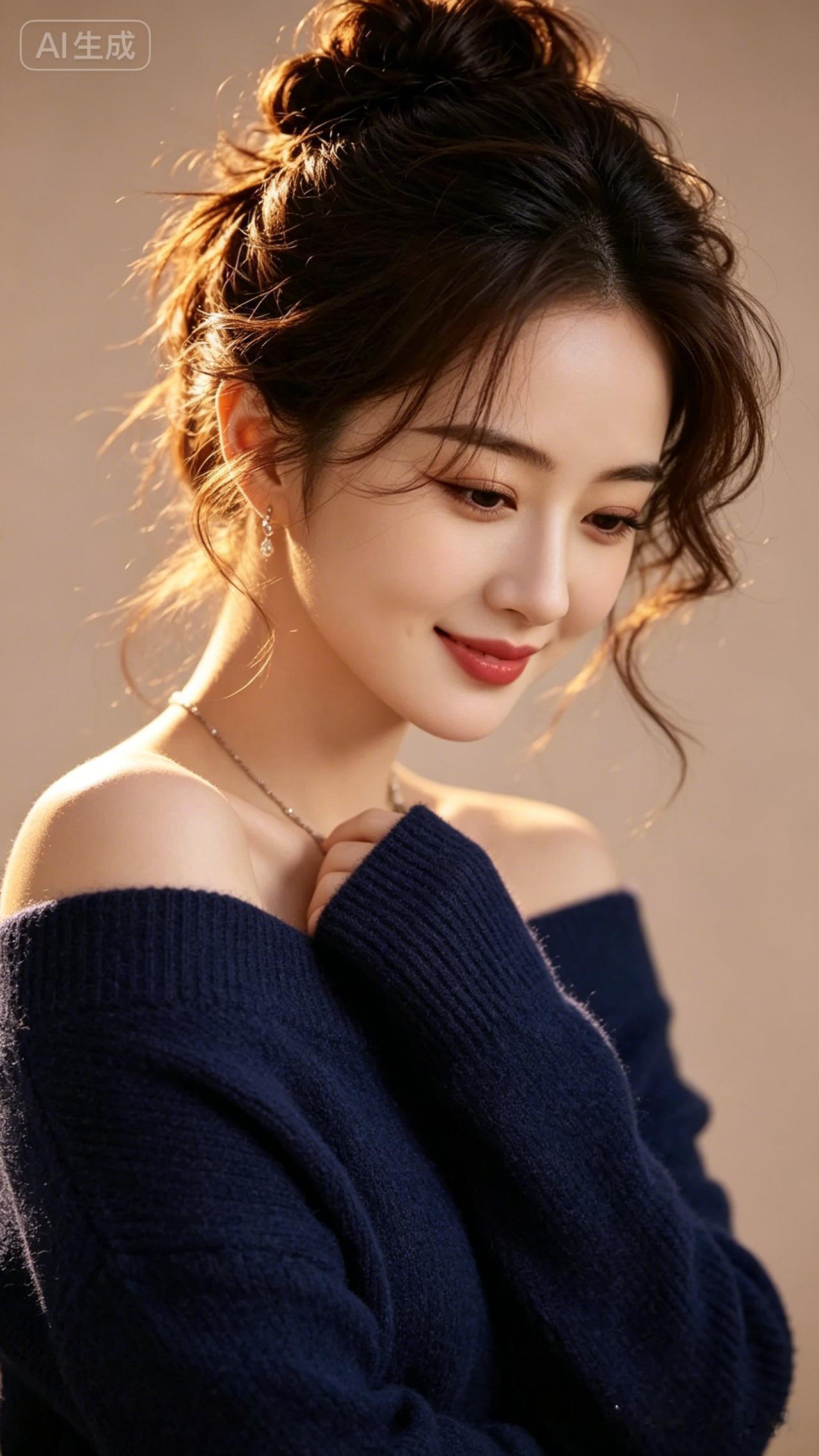美女肤白似光，深棕慵懒扎发随风轻扬，瓜子脸樱唇红润，侧首低眸浅笑，深蓝驼色露肩羊