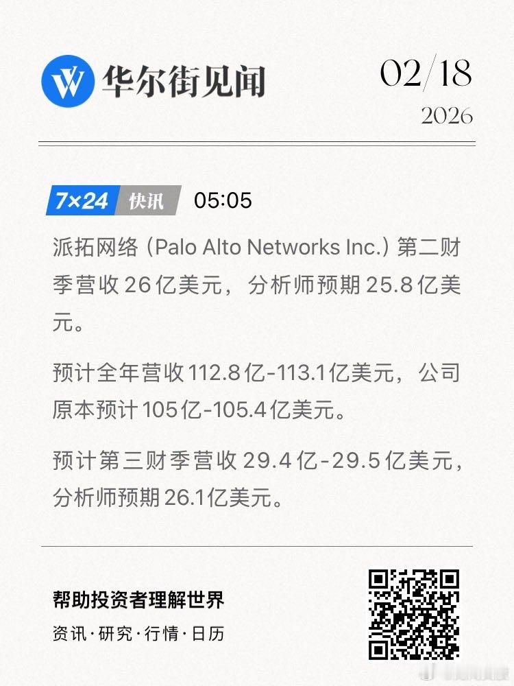 派拓网络（Palo Alto Networks Inc.）第二财季营收26亿美元