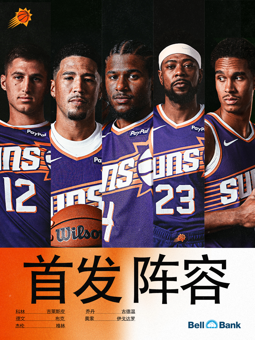 【今日首发阵容☀️】🧡科林-吉莱斯皮💜德文-布克🧡杰伦-格林💜乔丹-古德