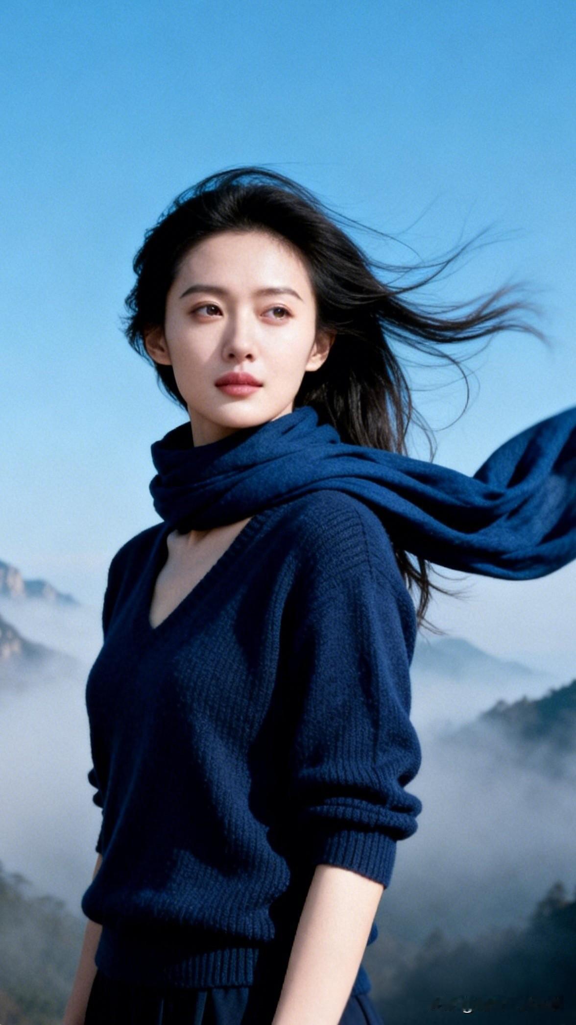 山间仙子，蓝衣飘逸，风中起舞。