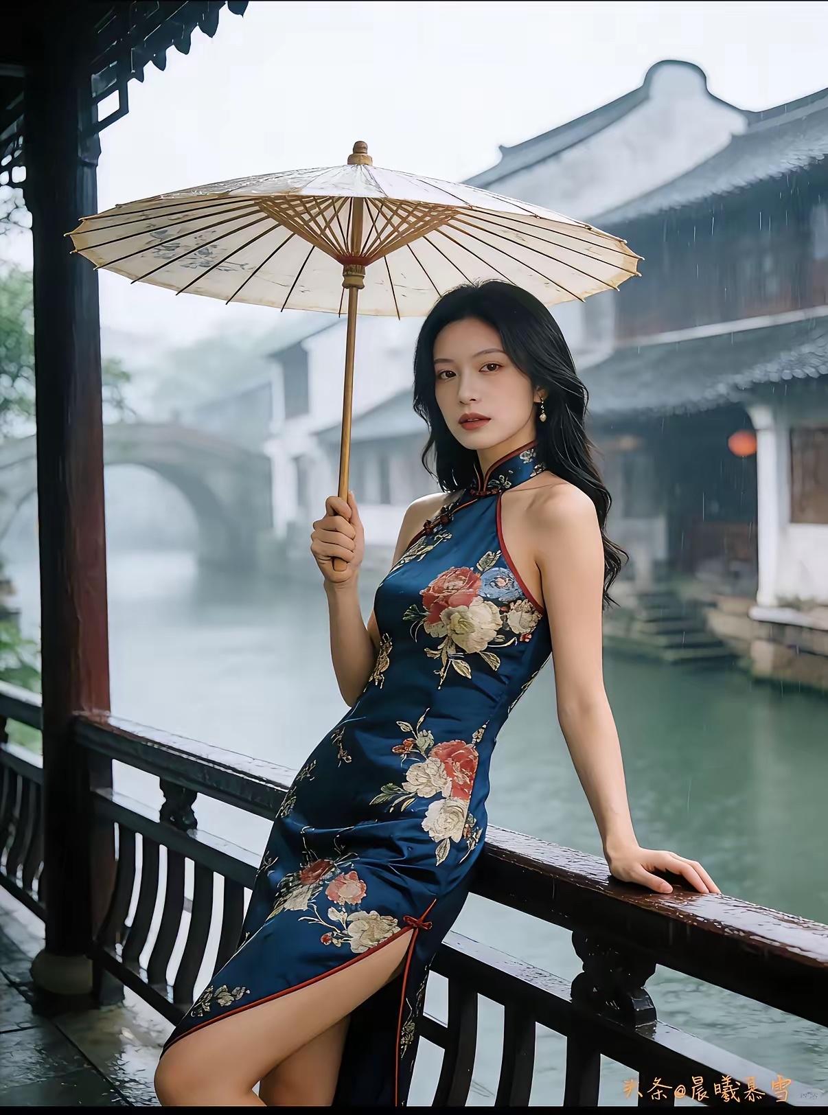 烟笼古桥丝雨细，
女乘小马大风来。
横批：《古桥与小马》