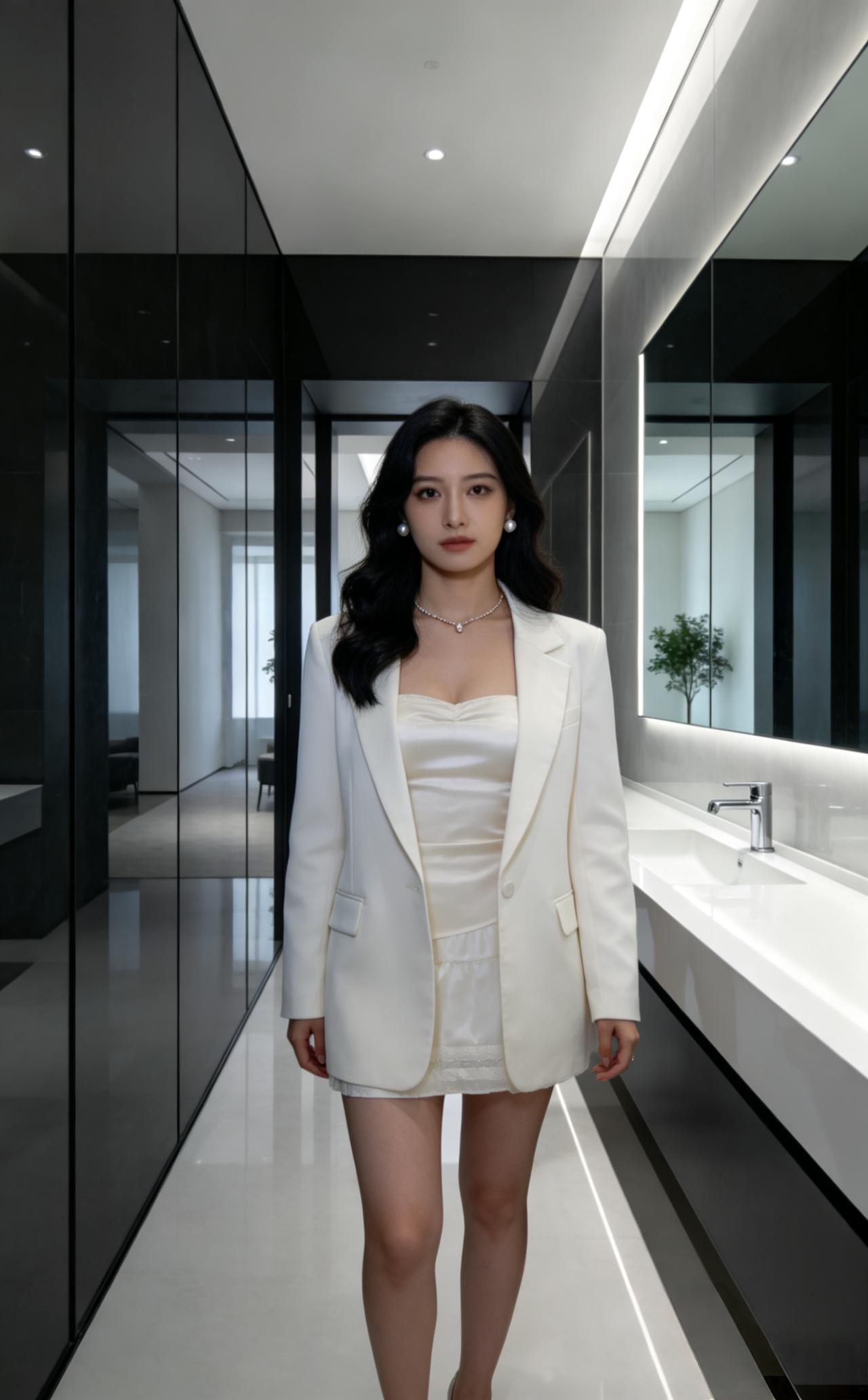 什么样的穿搭可以成为气质女神?
米白色缎面抹胸内搭，
外搭一件挺括的米白色西装外