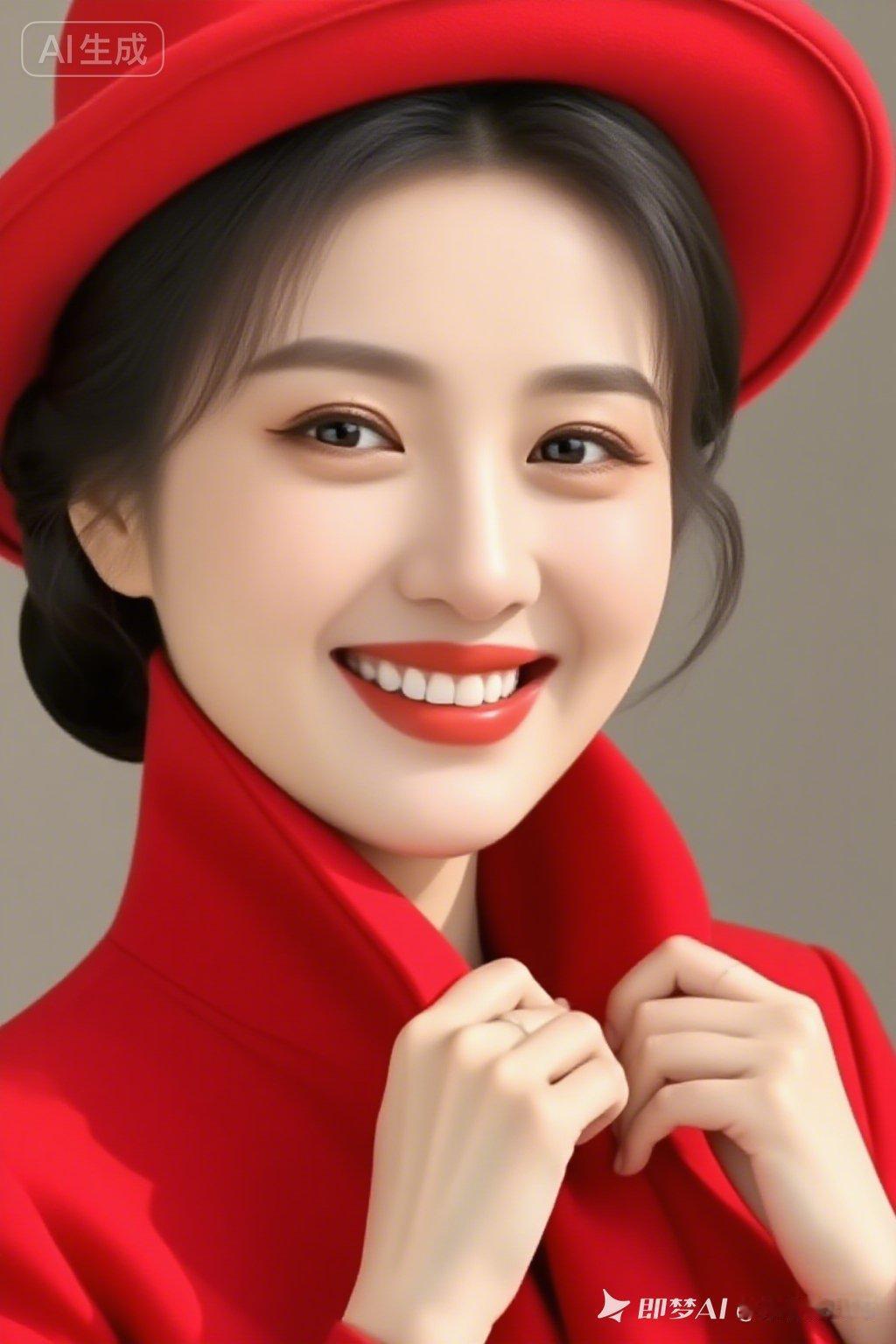 甜美笑容，红衣配红帽，元气满满的一天！🌟💖