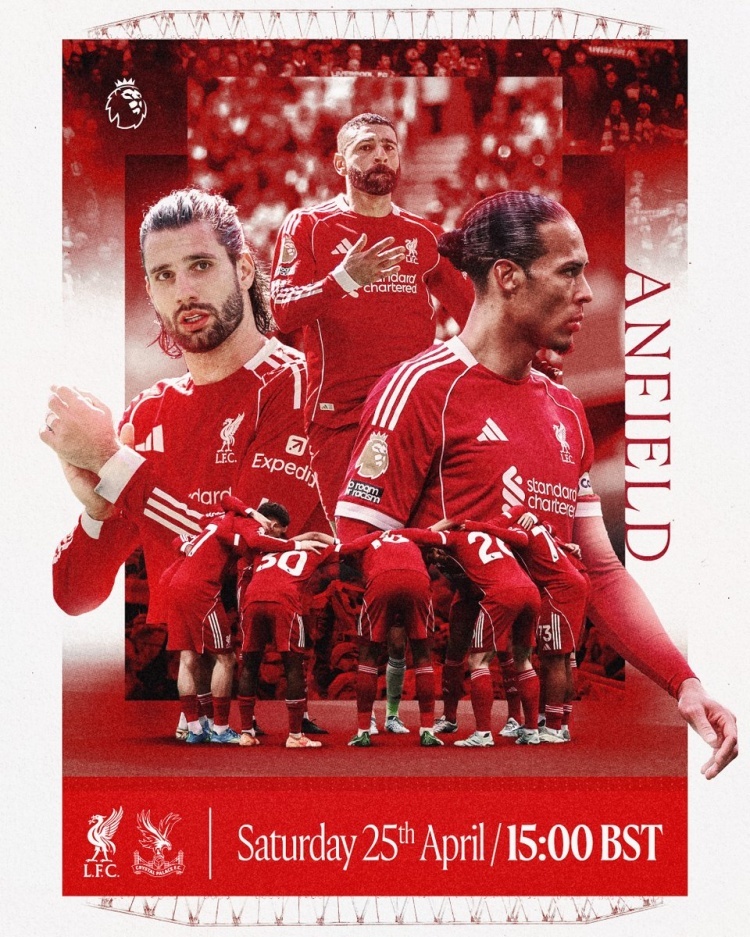 #利物浦发布主场对阵水晶宫海报#今晚22:00，利物浦将在英超第34轮比赛中主场