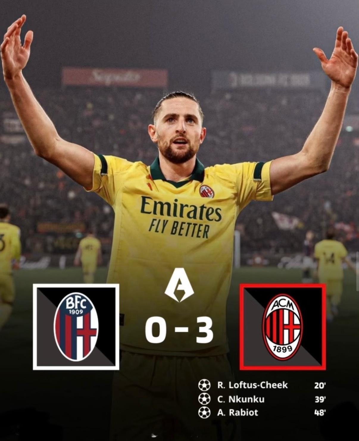 博洛尼亚0比3AC米兰意甲第23轮AC米兰客战博洛尼亚，奇克先拔头筹，恩昆库点射