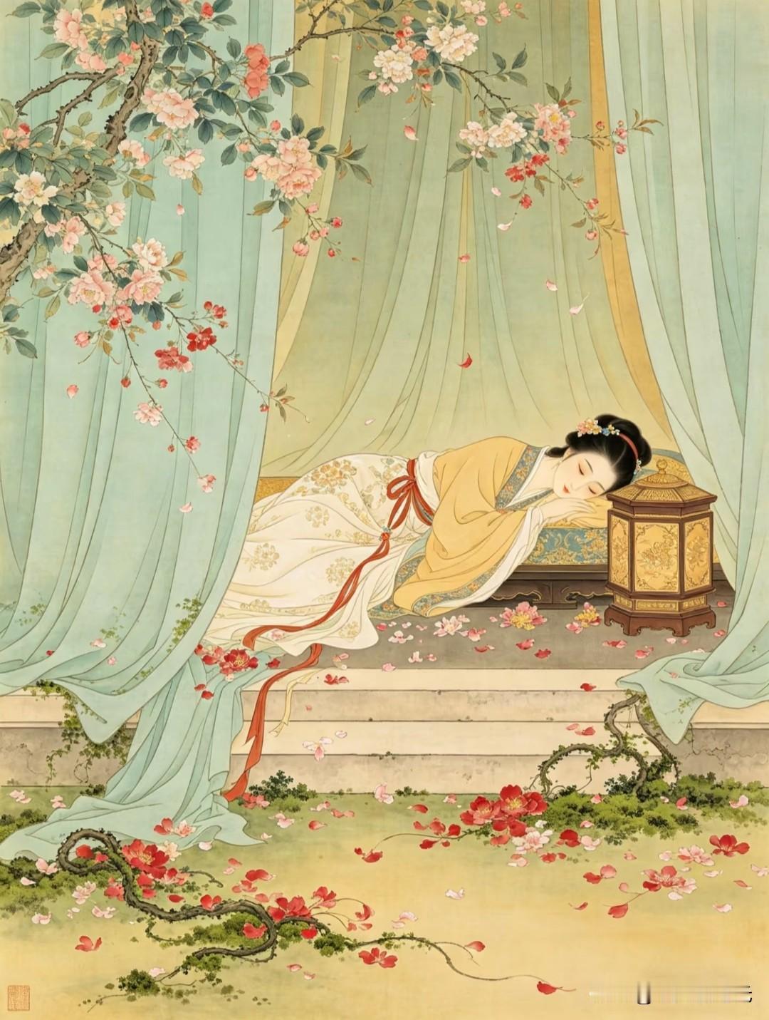 花间闲卧听风吟，红袖添香伴流云。
夏夏古风仕女图插画分享
春日仕女图 仕女图