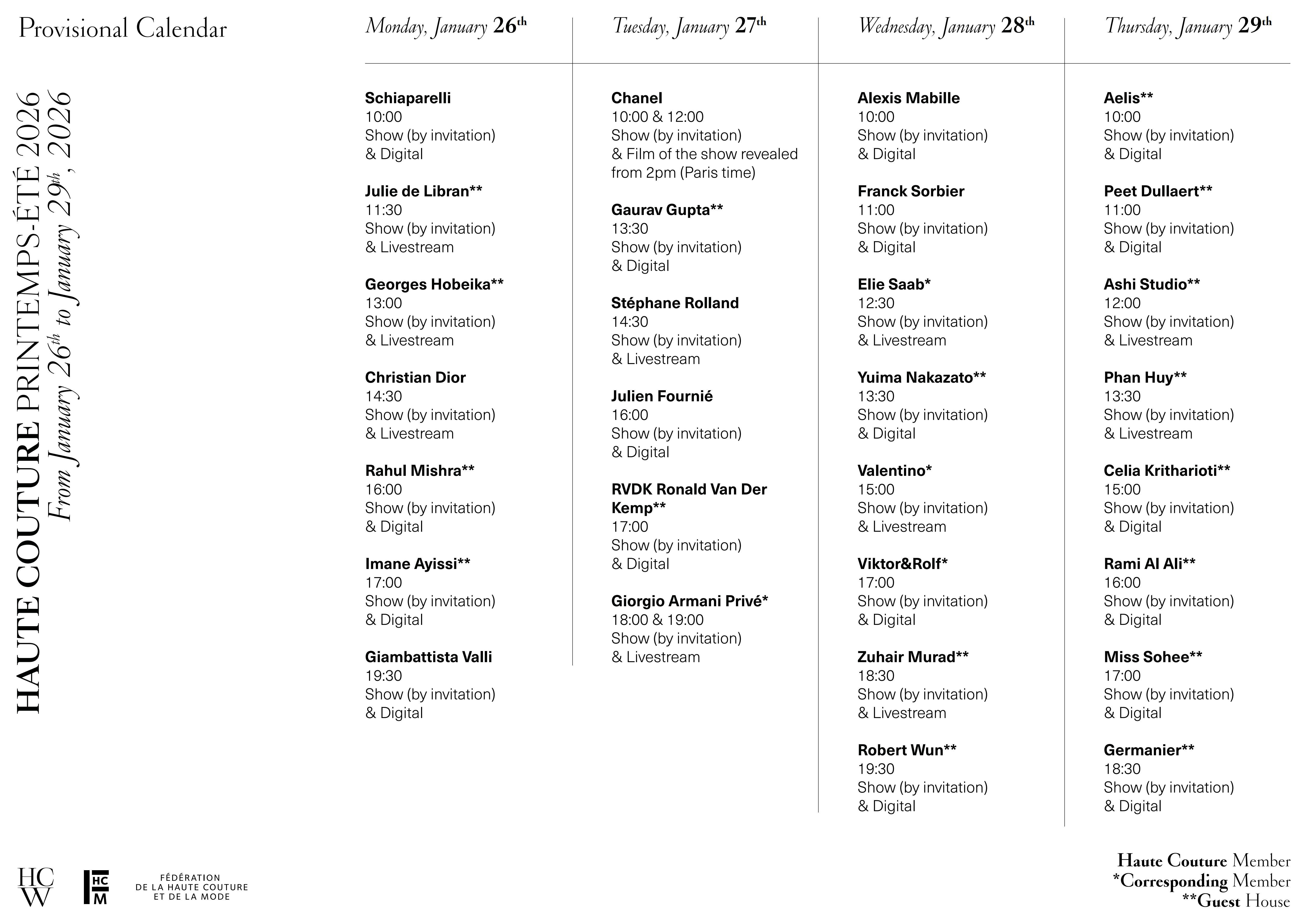 2026 春夏 巴黎高定时装周 初版日程发布 🔥半年一度的高定周即将再度拉开序